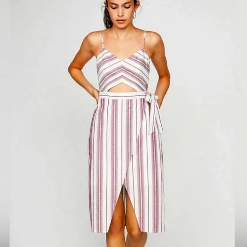Express Purple White Striped Cotton Linen Cut Out Wrap Midi Summer Dress 10